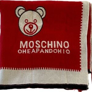 Vintage Moschino 100% soft silk red/beige/blk bear logo print wrap/scarf